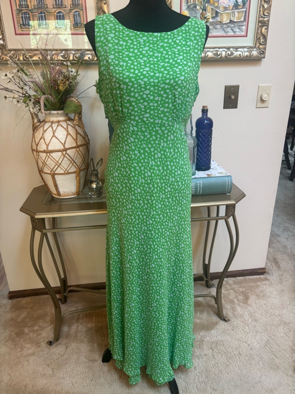 CYNTHIA HOWIE 100% Silk Sleeveless Green Dot Print Maxi Dress Fit & Flare Sz 12